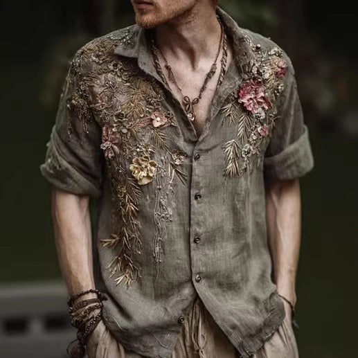 Retro Casual American-style Loose-fitting Mens Printed Long-sleeve Floral Shirt