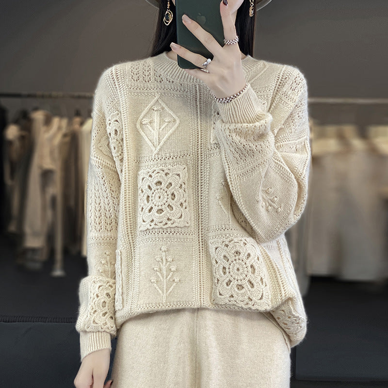 Womens Wool Crew-Neck Crochet Hollow-Out Sweater