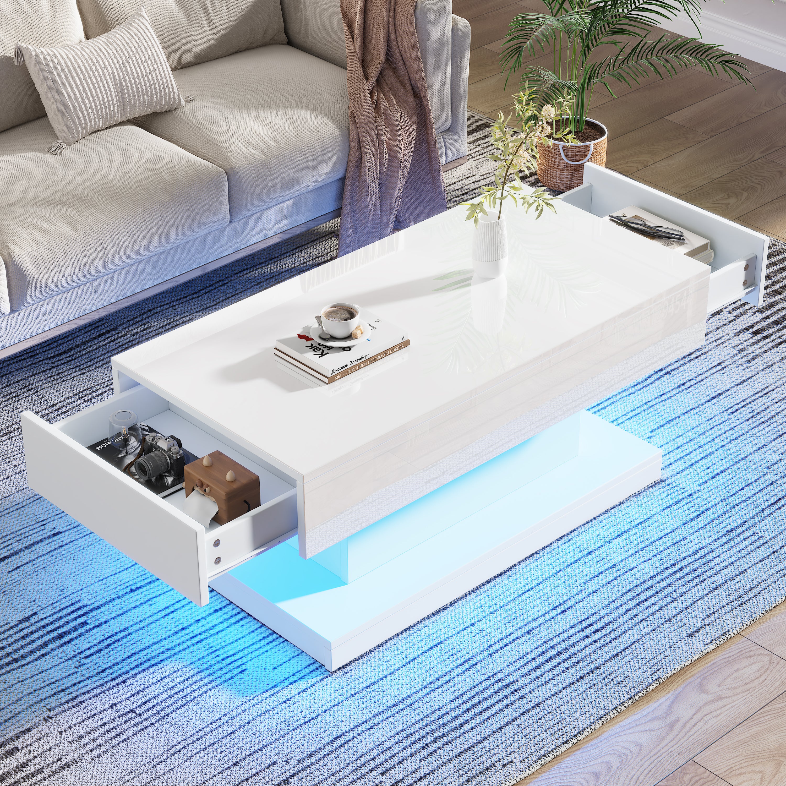 High-gloss Coffee Table With 2 Drawers, LED Lights, Modern Centre Table, Sofa Side Table, Tea Table For Living Room, Office, 100x50x45cm, White