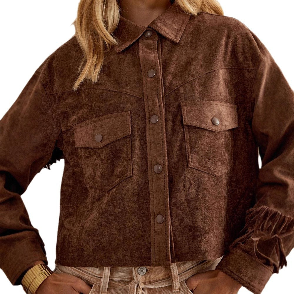 Brown Jacket With A Lapel Tassel Detailing, And Long Sleeves