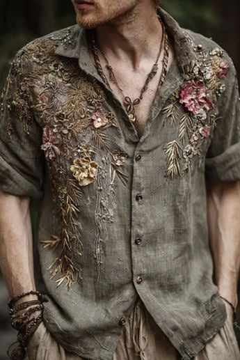 Retro Casual American-style Loose-fitting Mens Printed Long-sleeve Floral Shirt