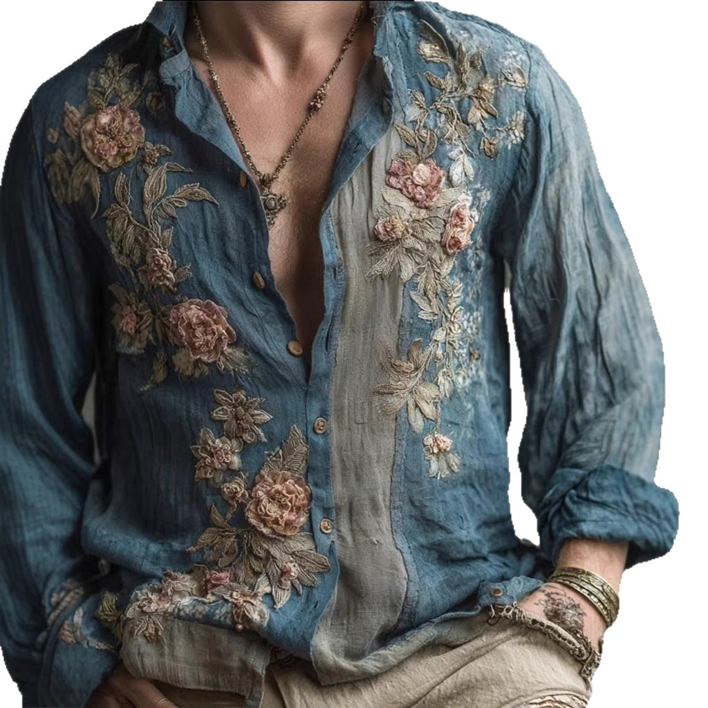 Retro Casual American-style Loose-fitting Mens Printed Long-sleeve Floral Shirt