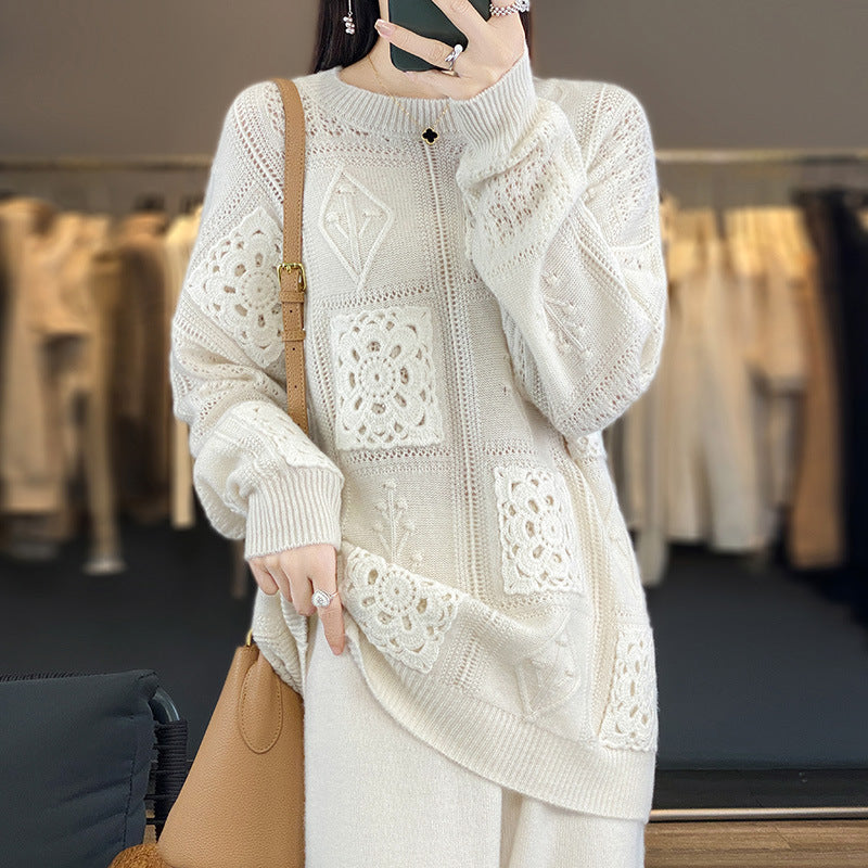 Womens Wool Crew-Neck Crochet Hollow-Out Sweater