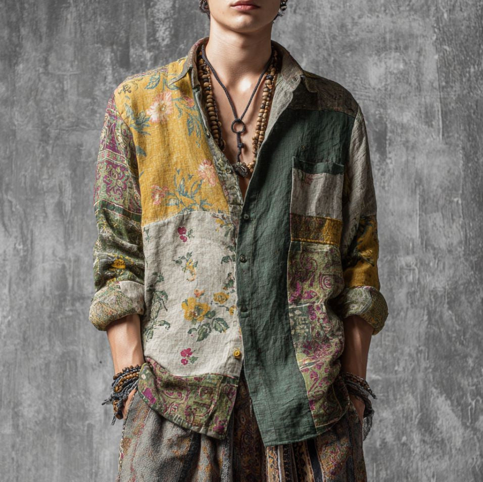 Retro Casual American-style Loose-fitting Mens Printed Long-sleeve Floral Shirt