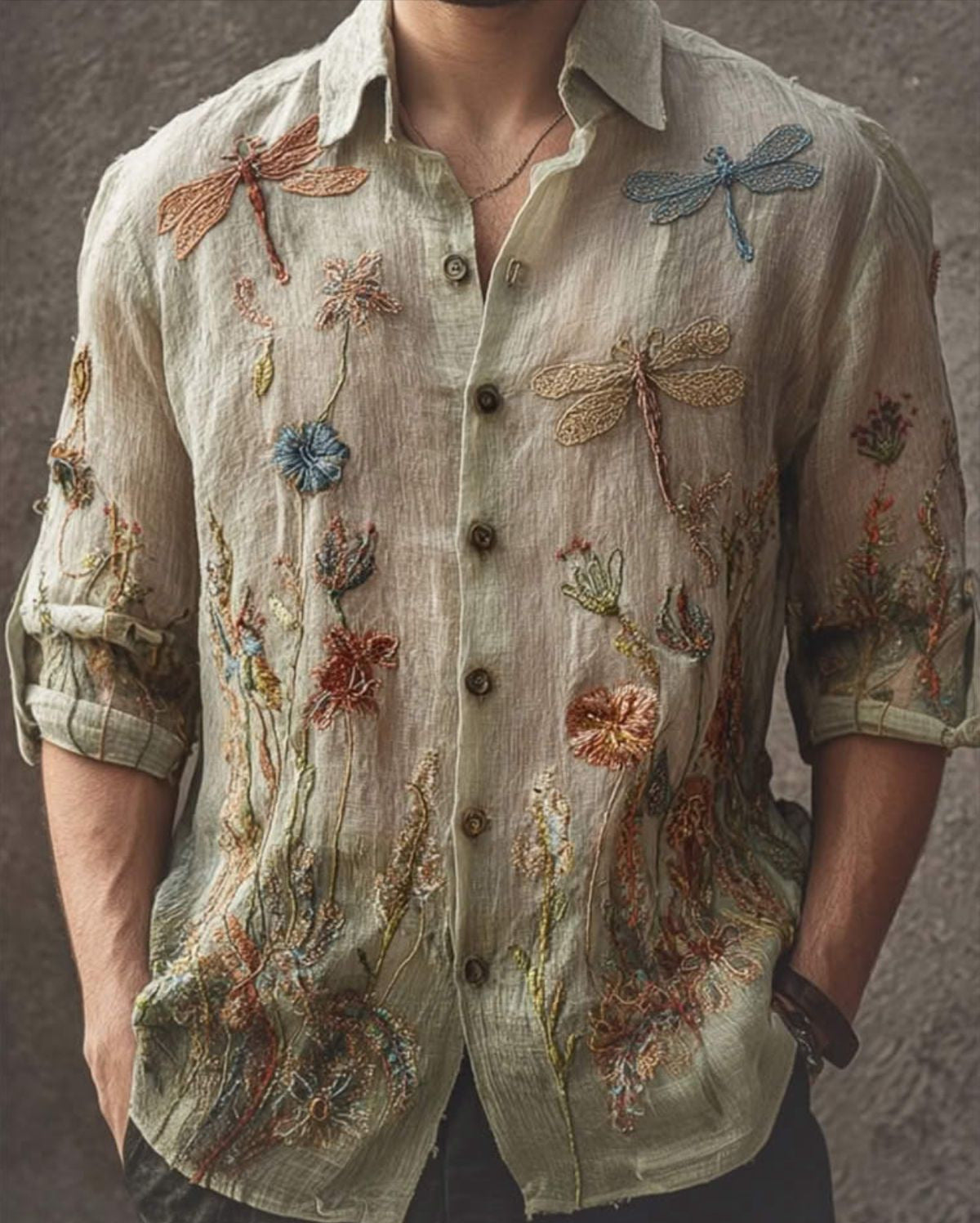 Retro Casual American-style Loose-fitting Mens Printed Long-sleeve Floral Shirt