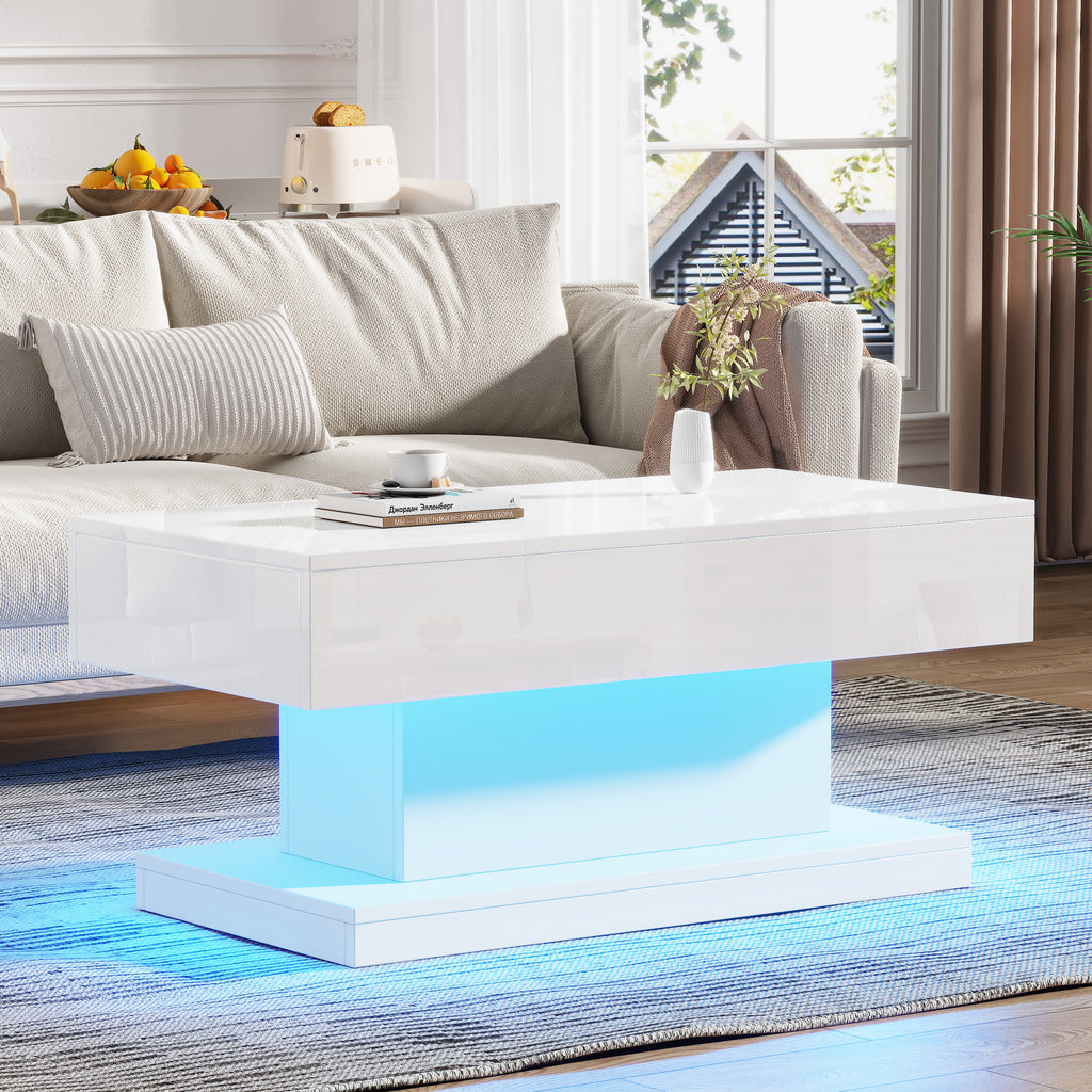 High-gloss Coffee Table With 2 Drawers, LED Lights, Modern Centre Table, Sofa Side Table, Tea Table For Living Room, Office, 100x50x45cm, White