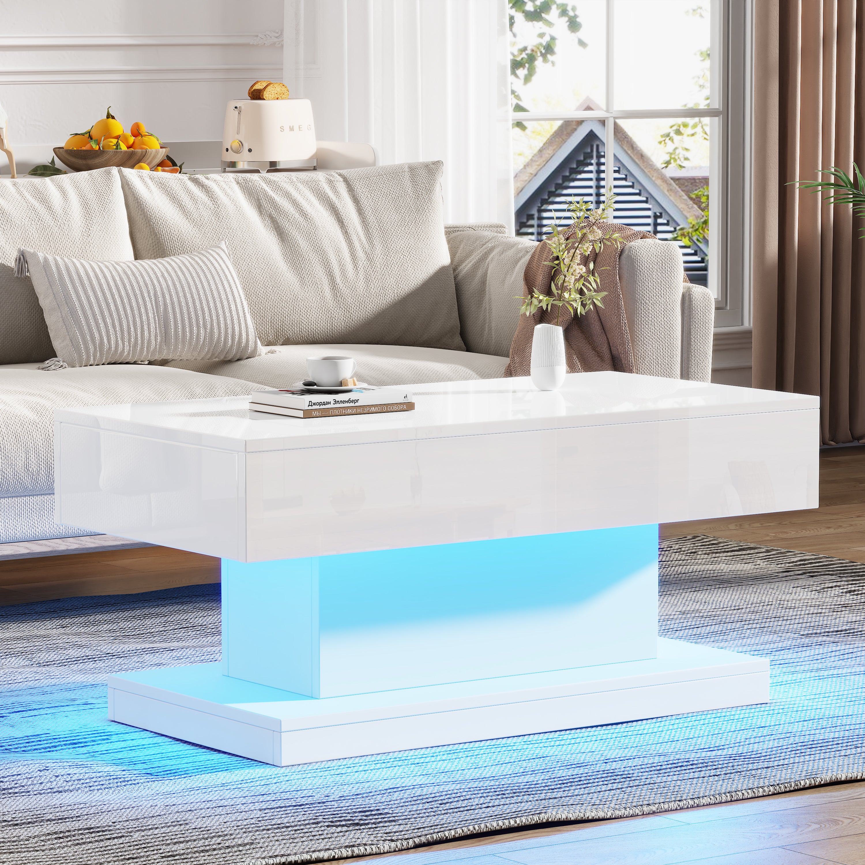 High-gloss Coffee Table With 2 Drawers, LED Lights, Modern Centre Table, Sofa Side Table, Tea Table For Living Room, Office, 100x50x45cm, White
