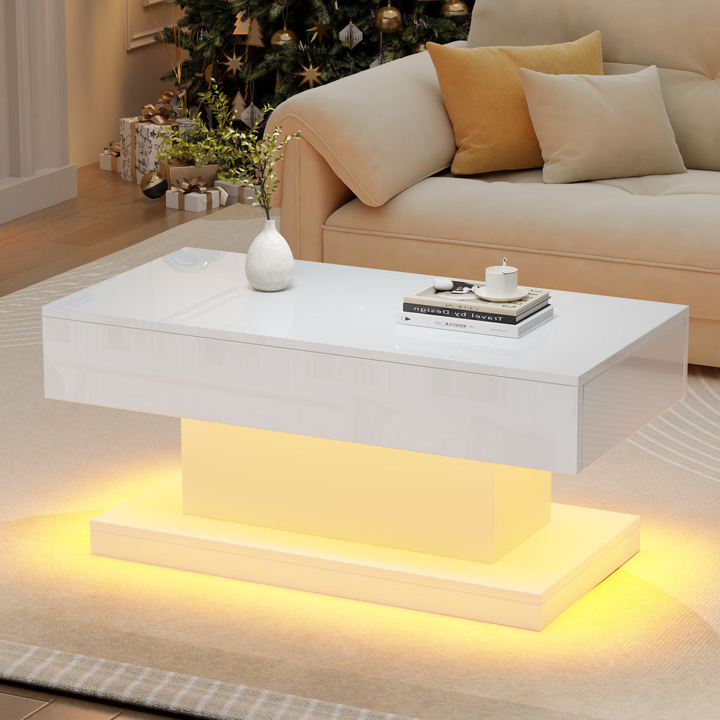 High-gloss Coffee Table With 2 Drawers, LED Lights, Modern Centre Table, Sofa Side Table, Tea Table For Living Room, Office, 100x50x45cm, White