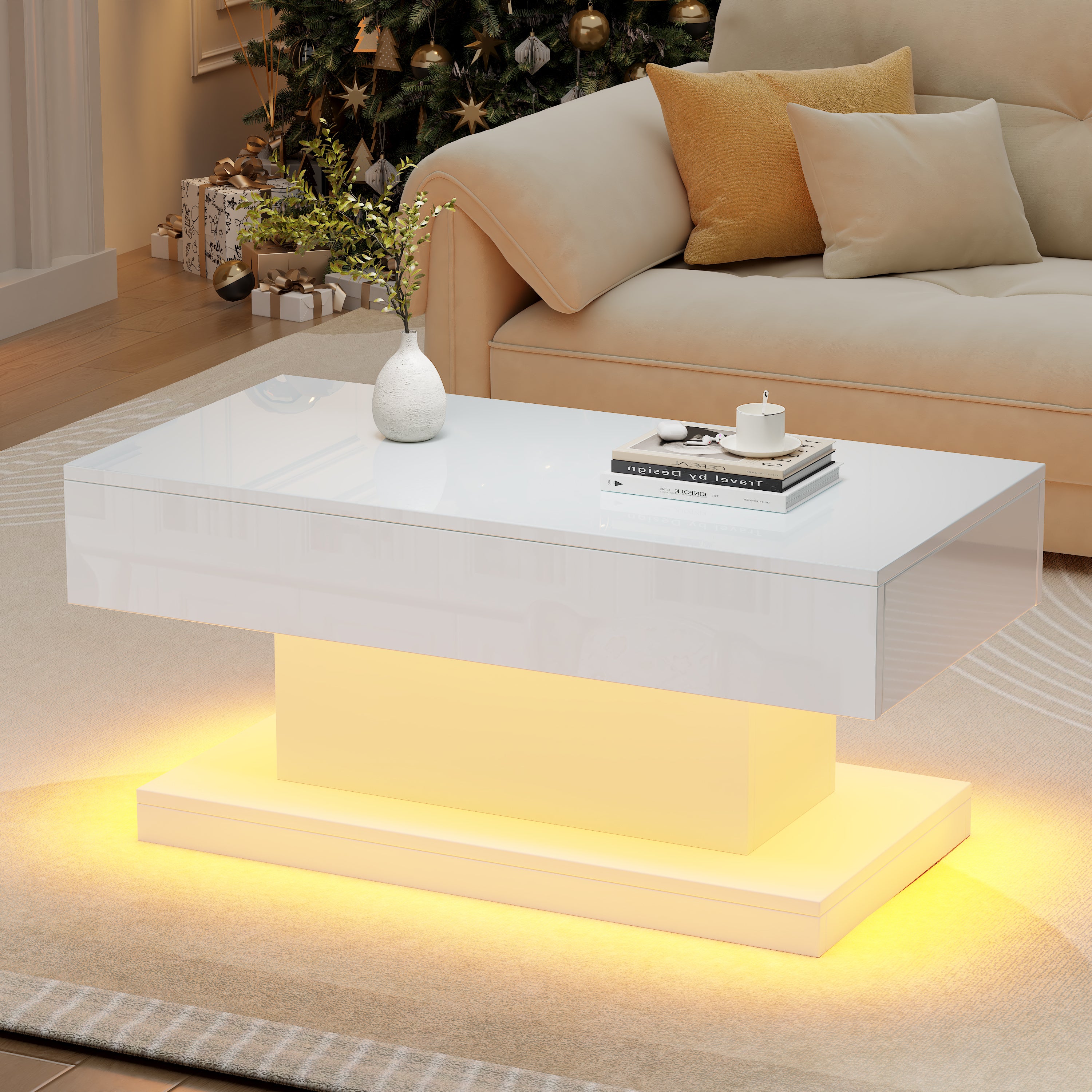 High-gloss Coffee Table With 2 Drawers, LED Lights, Modern Centre Table, Sofa Side Table, Tea Table For Living Room, Office, 100x50x45cm, White