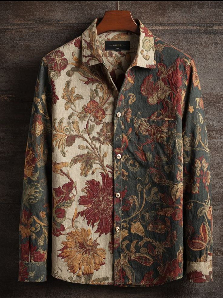 Retro Casual American-style Loose-fitting Mens Printed Long-sleeve Floral Shirt