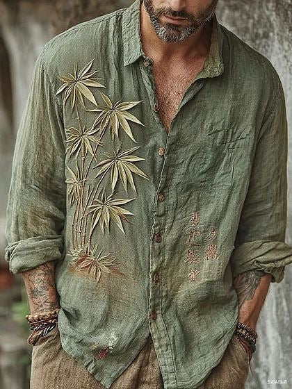 Retro Casual American-style Loose-fitting Mens Printed Long-sleeve Floral Shirt