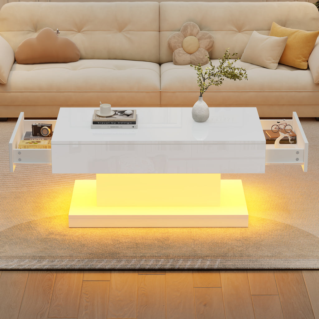 High-gloss Coffee Table With 2 Drawers, LED Lights, Modern Centre Table, Sofa Side Table, Tea Table For Living Room, Office, 100x50x45cm, White