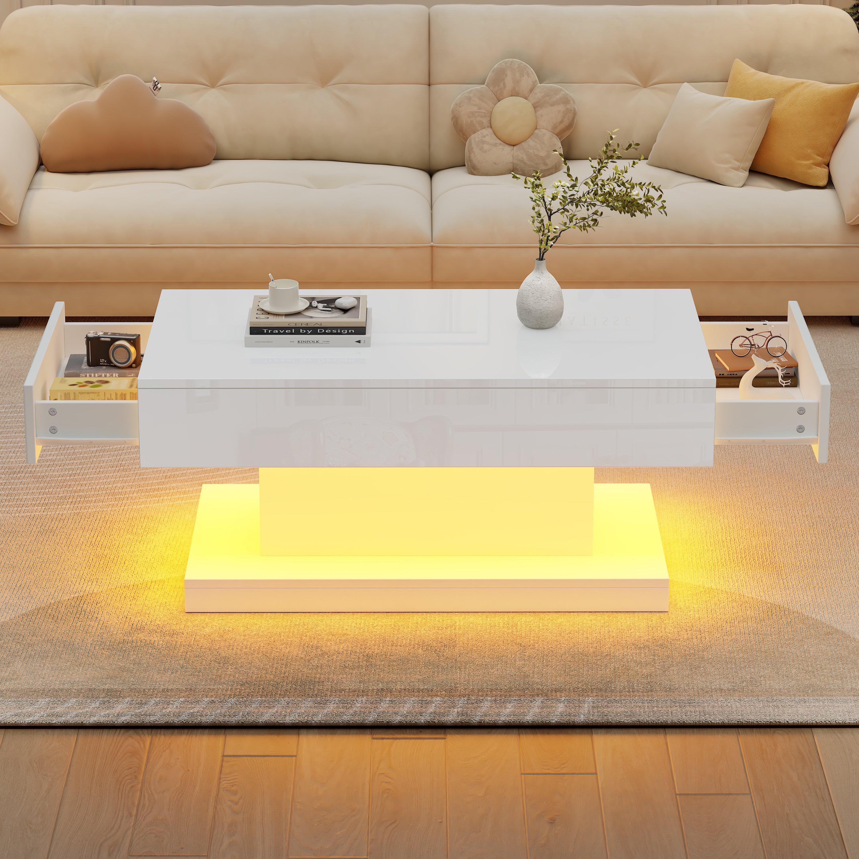 High-gloss Coffee Table With 2 Drawers, LED Lights, Modern Centre Table, Sofa Side Table, Tea Table For Living Room, Office, 100x50x45cm, White