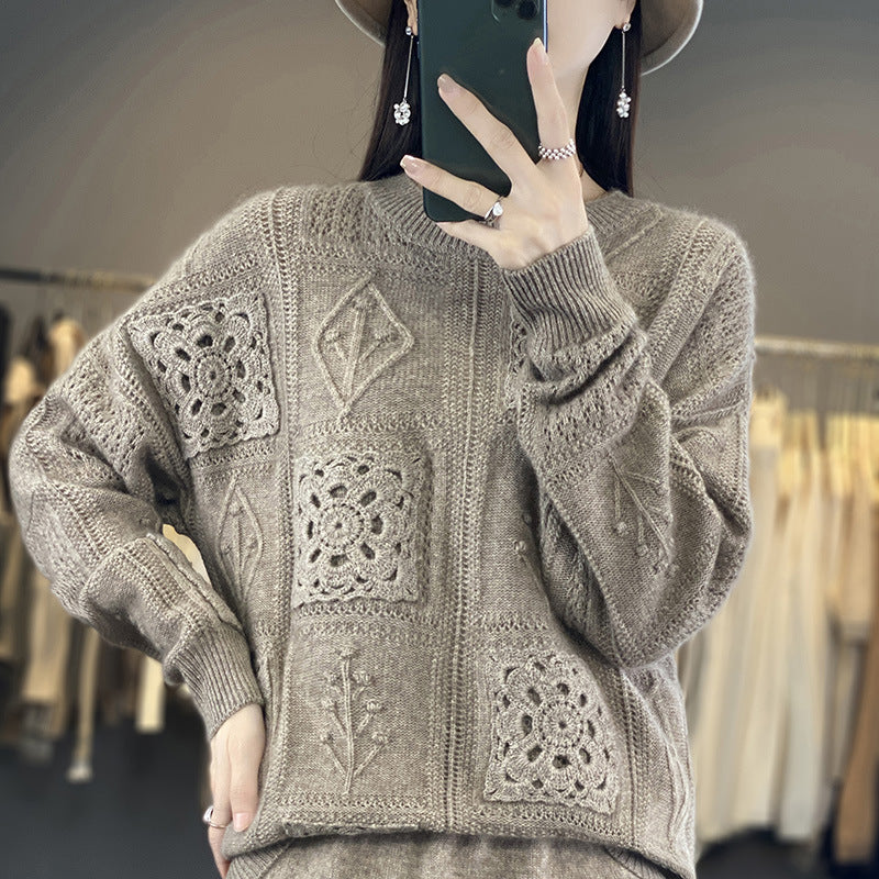 Womens Wool Crew-Neck Crochet Hollow-Out Sweater