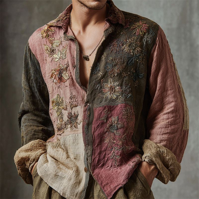 Retro Casual American-style Loose-fitting Mens Printed Long-sleeve Floral Shirt