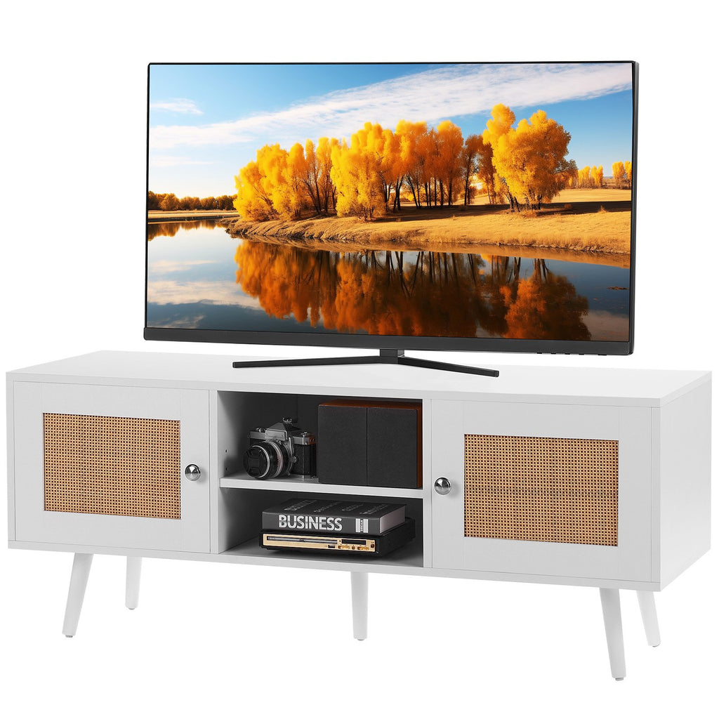 Rattan-TV-Ständer, Fernsehschrank Boho-TV-Schrank Für 140 Cm Fernseher, Retro-TV-Ständer, Rattan-TV-Konsole Mit Verstellbaren Regalen & 2 Türen, Für Wohnzimmer, Medienraum, Weiß