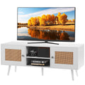 Rattan-TV-Ständer, Fernsehschrank Boho-TV-Schrank Für 140 Cm Fernseher, Retro-TV-Ständer, Rattan-TV-Konsole Mit Verstellbaren Regalen & 2 Türen, Für Wohnzimmer, Medienraum, Weiß