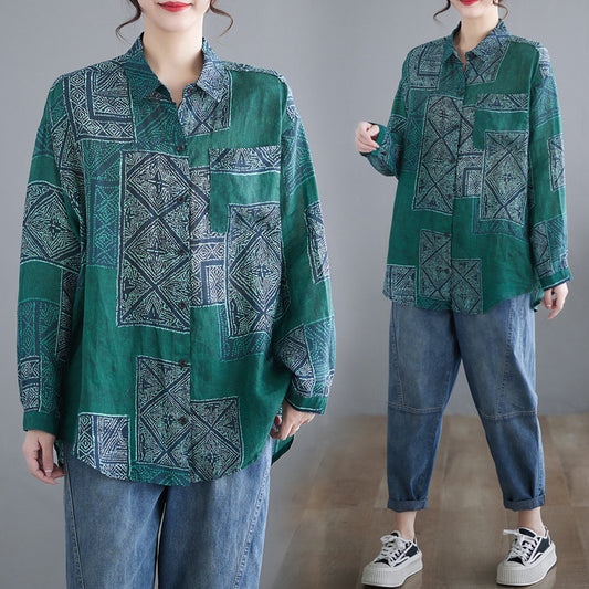 Artistic Retro Temperament Printed Loose Short Front And Long Back Ramie Long Sleeve Lapel Shirt