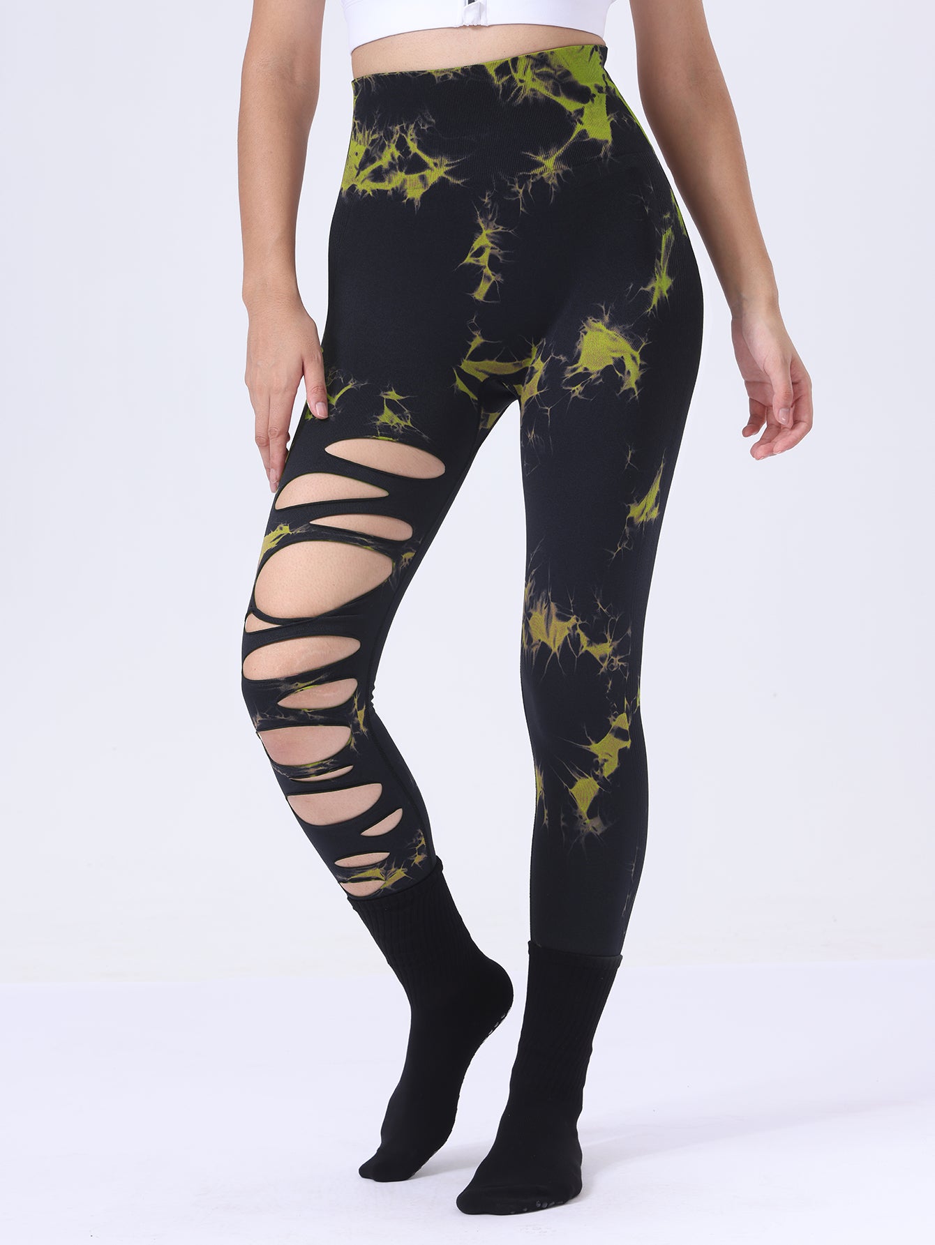 Butt Lifting Yoga Gym Athletic Pants, Hollow Out Tummy Control Sports Leggings Tie Dye Running Pants