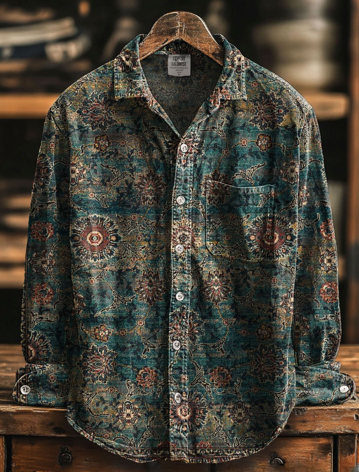Retro Casual American-style Loose-fitting Mens Printed Long-sleeve Floral Shirt