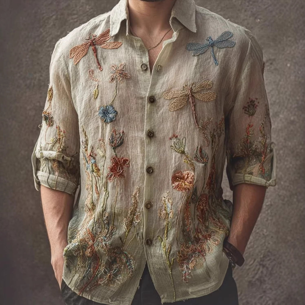 Retro Casual American-style Loose-fitting Mens Printed Long-sleeve Floral Shirt