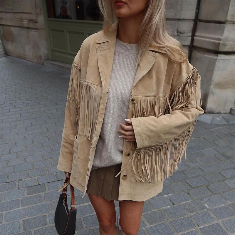Brown Jacket With A Lapel Tassel Detailing, And Long Sleeves