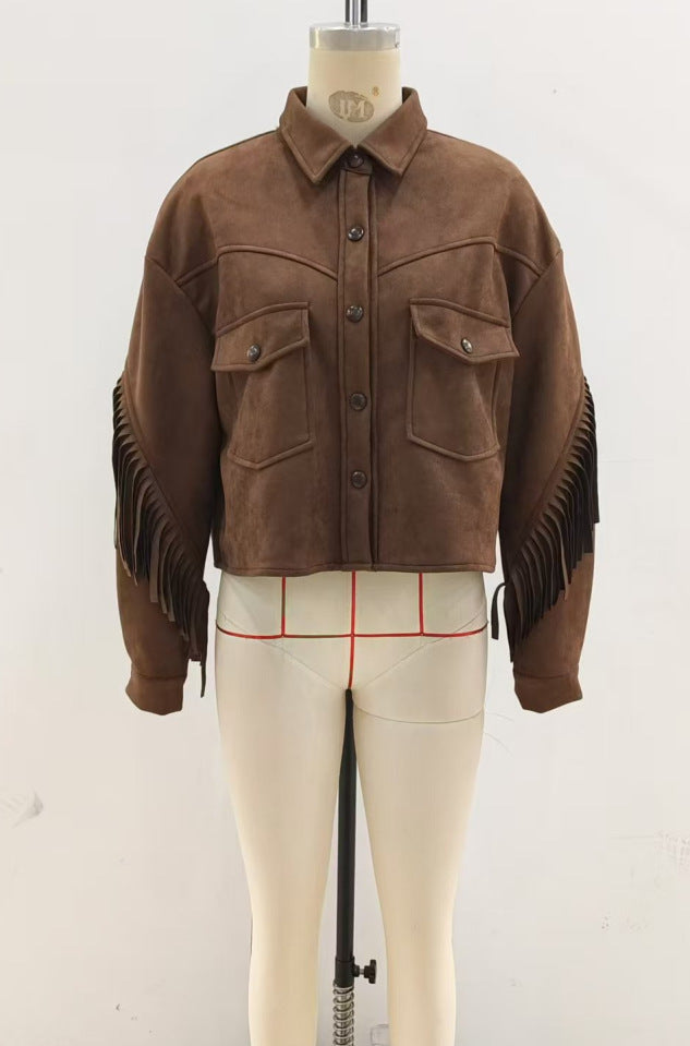 Brown Jacket With A Lapel Tassel Detailing, And Long Sleeves